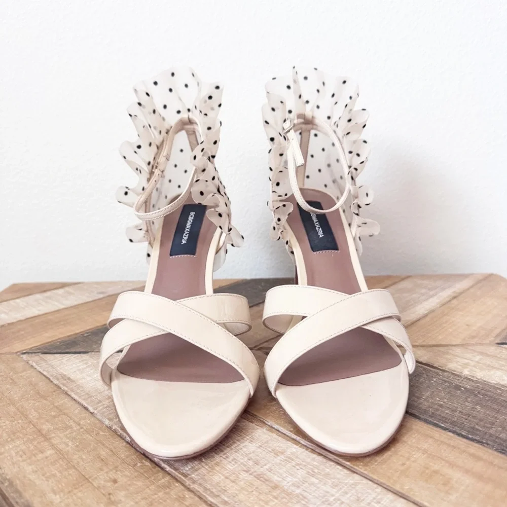 BCBGMaxazria Stella Sandal Cream Ruffle Polka Dot Heels - Picture 6 of 14